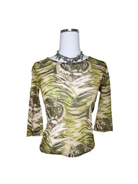 Y2K Colloseum Green Graphic Tiger + Animal Print 3/4th Sleeve Size Medium
